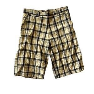 Red Ape Yellow Black Plaid Long Skater Shorts